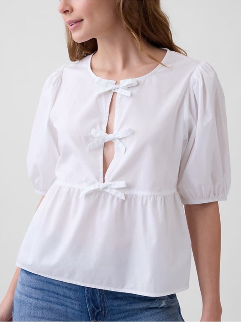 Loft Cotton Poplin Tie Front Top Puff Sleeve Blouse MP